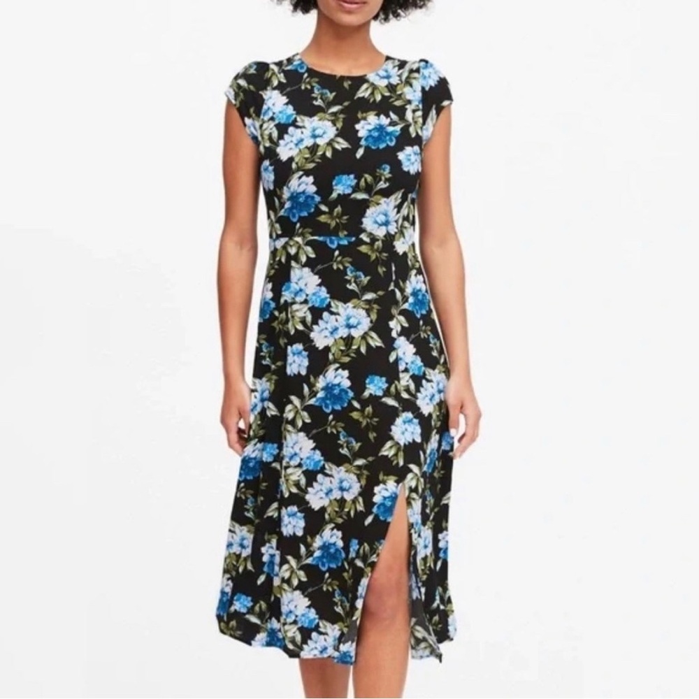 Banana Republic Floral Black and Blue Midi Dress